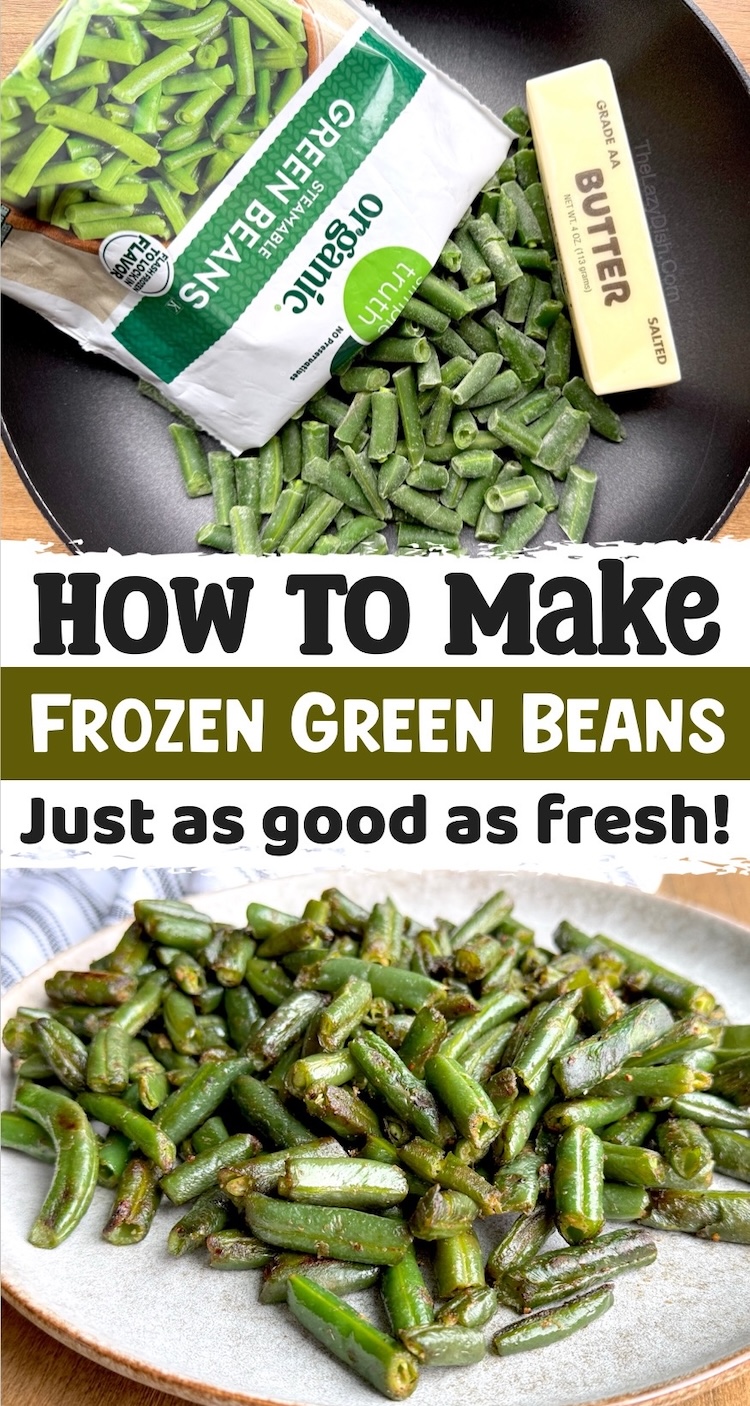 How to make frozen green beans taste amazing. Just as good as fresh! This last minute vegetable side dish pairs well with any dinner including chicken, steak, bbq, ham, sausage, and more. A cheap and quick last minute, healthy recipe that's easy to make on your stove top with olive oil and butter. 